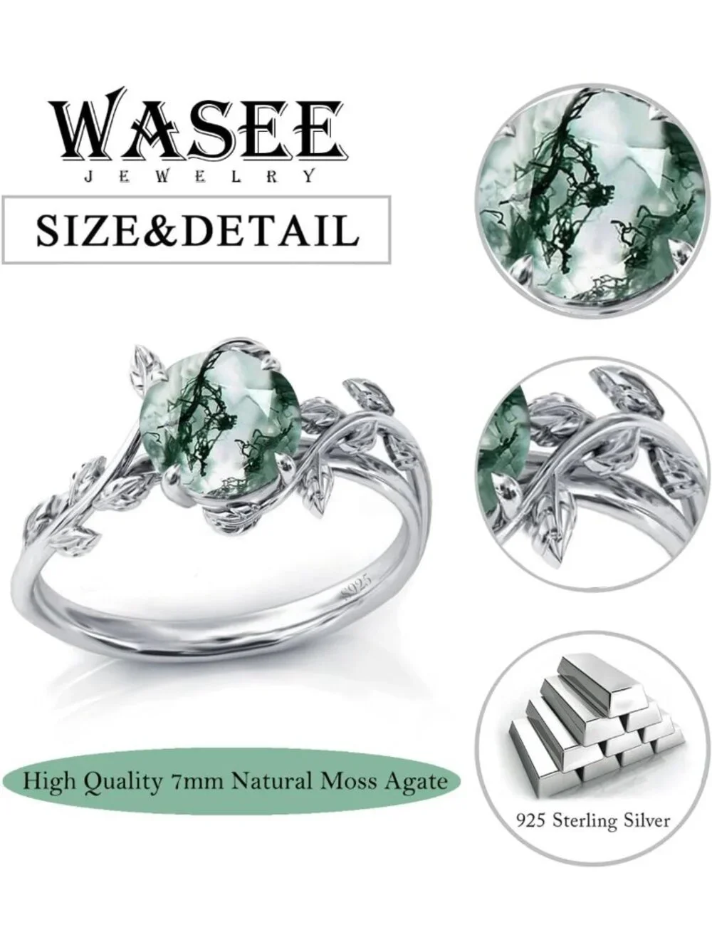 Natural Moss Agate Engagement Ring in 925 Sterling Silver - Unique Women's